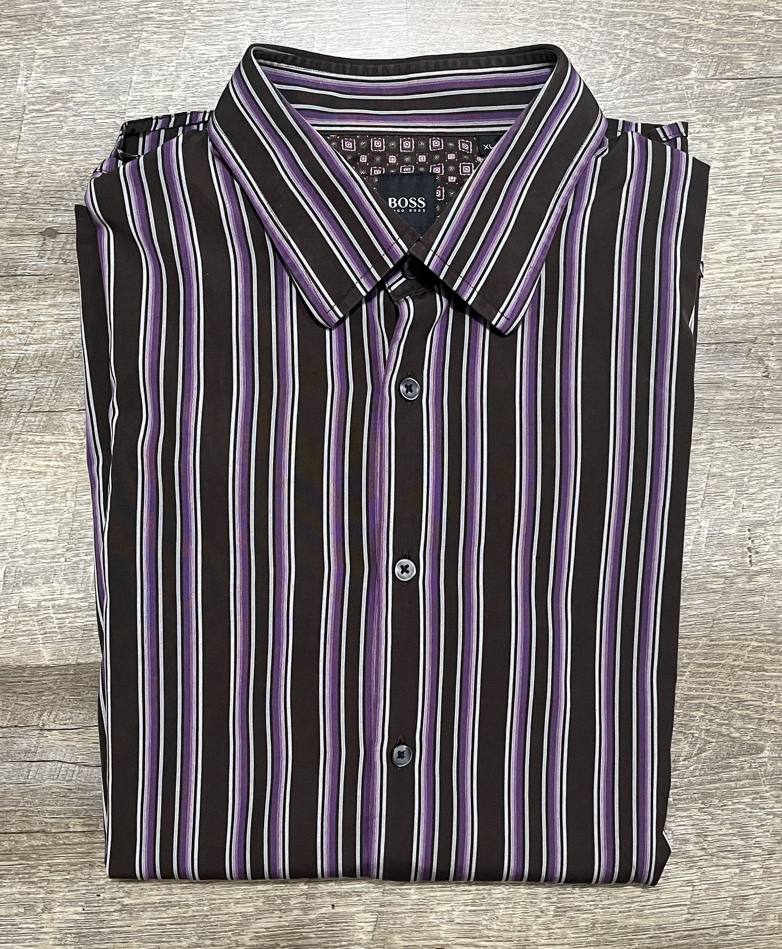 Vintage Hugo Boss Linen Cotton Button Down Shirt Men Sz XL Neutral Stripes Y2K