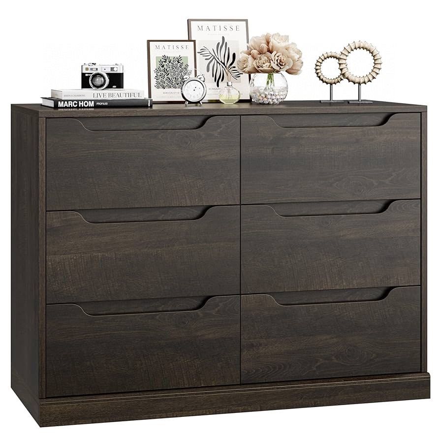 Modern 6 Drawer Dresser for Bedroom, Double Chest of Drawers with Storage, Large Wooden Storage Dresser Organizer with Cut-Out Handle, Acce