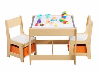 Kids Table and Chair Set, 3 in 1 Wooden Activity Table with Storage Drawer for Toddlers Drawing, Reading, Crafts, 2 in 1 Detachable Tabletop Table Set