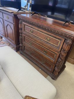 Beautiful carved wood dresser w/ tooled leather - Excellent Condition- 44” x 18” x 36” - Originally $1950