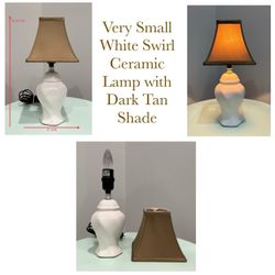 Very Small White Swirl Ceramic Lamp with Dark Tan Shade