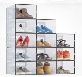 Black 12-Pack Stackable Shoe Storage Boxes with Clear Front Doors