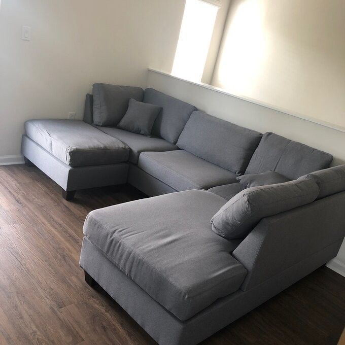 Brand New Grey Linen Sectional Sofa Couch +Ottoman (New In Box)