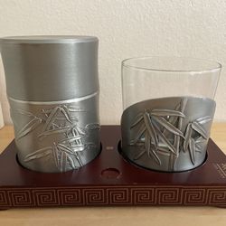 Chinese Pewter Tea Caddy & Cup Holder Set