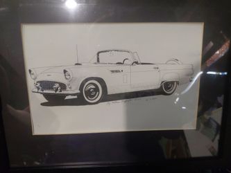 Framed '56 T-Bird Ink Drawing by William Heffington