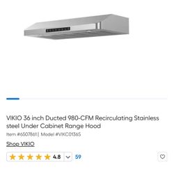 VIKIO 36” Ducted 980-CFM Recirculating Stainless Steel Under Cabinet Range Hood 