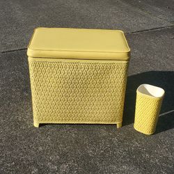 Vintage Yellow Wicker Hamper And Trash Can MCM