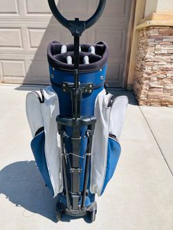 Blue and White Golf Bag with Push Cart