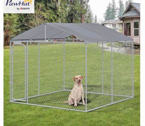 Outdoor Dog Kennel, Heavy Duty Dog Run Outdoor Fence with Waterproof Cover, Galvanized Chain Link, Secure Lock, 9.8' x 9.8' x 5.25