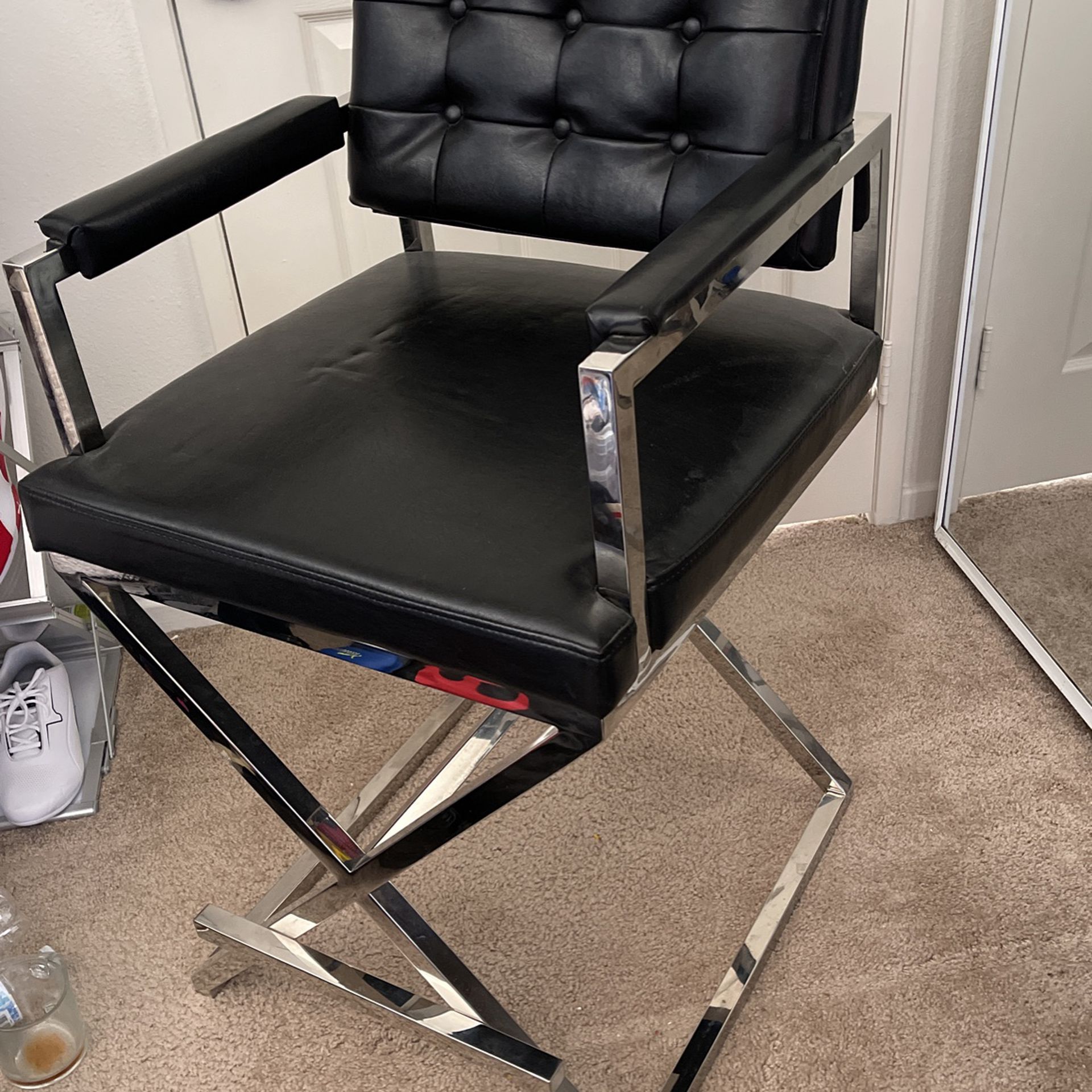 Director Chair Chrome And Black Leather Modern Bar Stool 