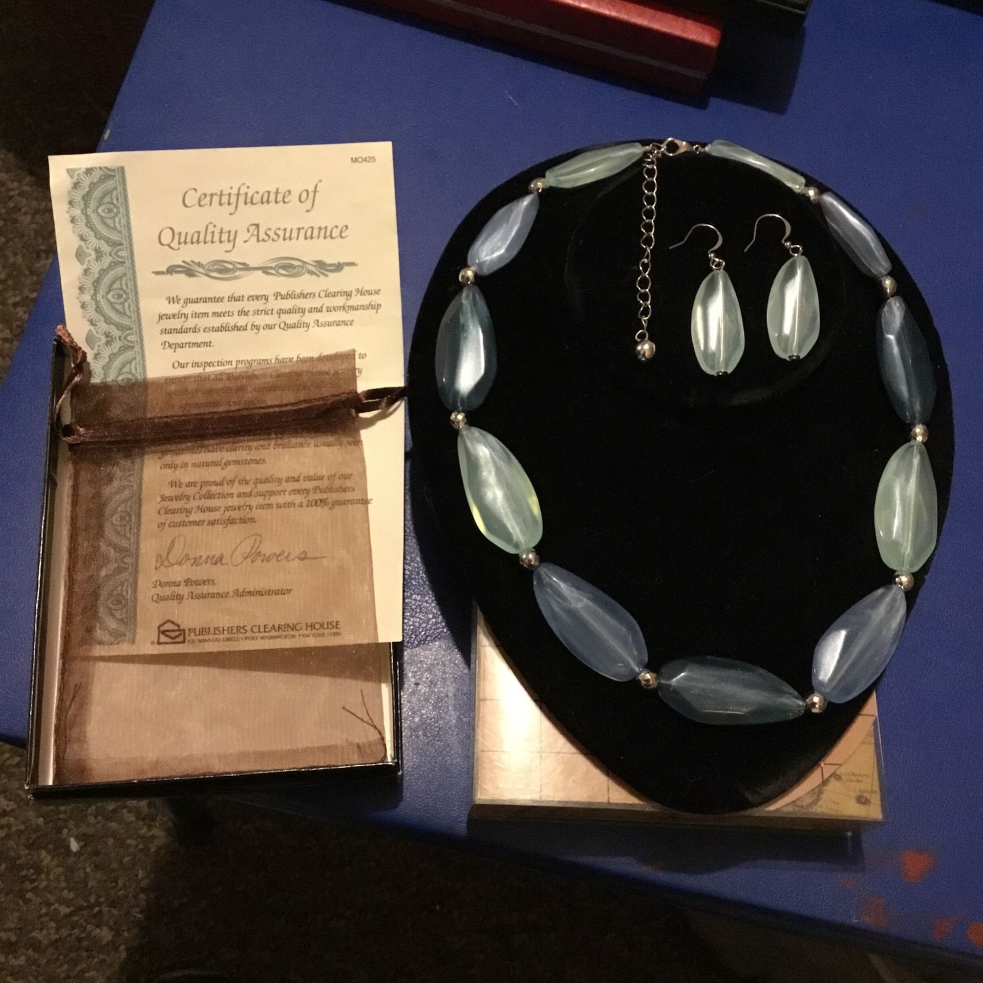 Necklace And Earrings Set Blue And Green Stones With Silver Clasp