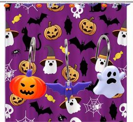 24 pcs Halloween Shower Curtain Hooks Horror Gothic Halloween Bathroom Decoration Accessories Scary Pumpkin Bats Ghost Ornaments Decorative Shower Rin