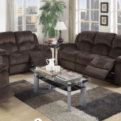 Brand New 2pc Chocolate Brown Sofa Loveseat Comfy Reclining Set 