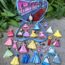 Vintage Disney Polly Pocket Dolls, Clothes, and Cinderella Zippered Storage Bag