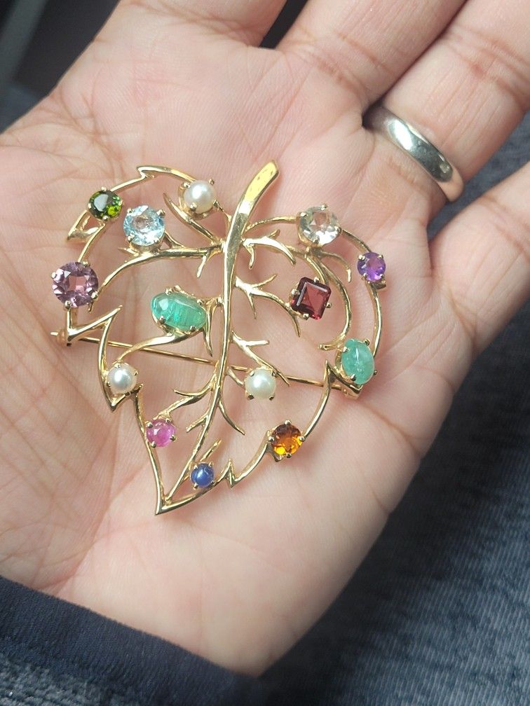 Solid 14k Gold Multi Colors Gem Brooch 