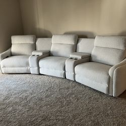 Home Theater Reclining White/ Beige Sectional Sofa Couch