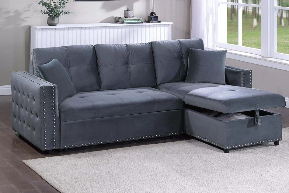 Brand New Gray Velvet Sectional Sofa Storage Sleeper