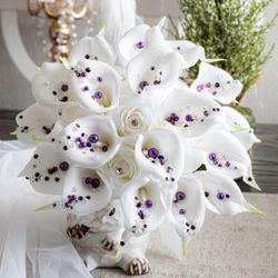 💍 Hand Created “Purple Rain” Real Feel Calla Lily Wedding Bouquet w Purple Rhinestones & Beading