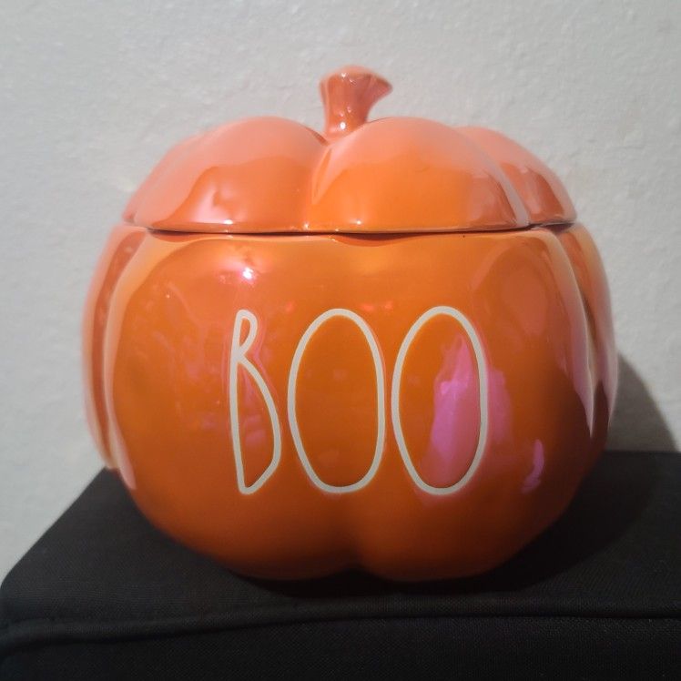 Rae Dunn Halloween 5 wick  Iridescent Orange BOO Canister Candle