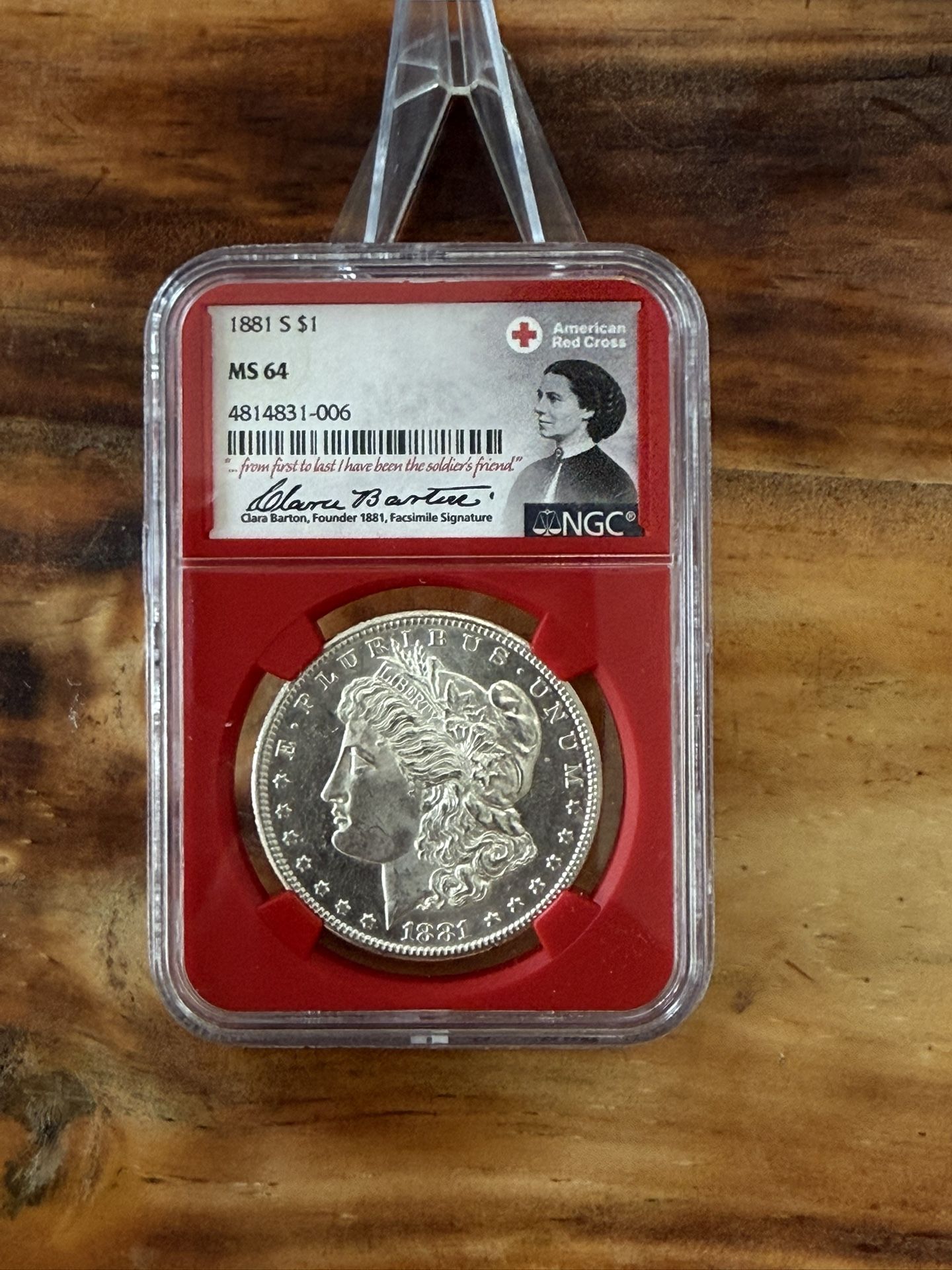 RARE 1881 S MS 64 Morgan Silver Dollar Signed Red Cross Edition.