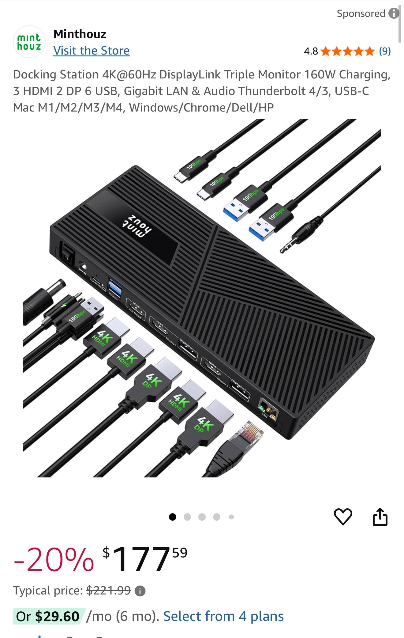 Dock/Docking Station DisplayLink Triple Monitor 160W Charging