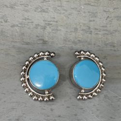 Turquoise Large Silver Clip On Earrings Vintage 