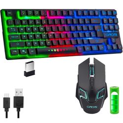 Gaming Wireless TKL Keyboard Mouse Combo Rechargeable LED Backlit Tenkeyless Compact 87 Keys 6 Button for Computer Laptop PS4 PS5 Switch Compatible wi