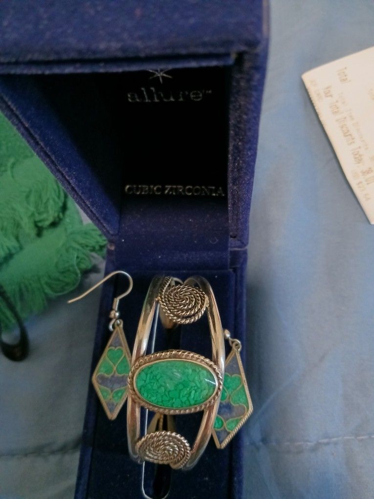 Turquoise Sterling Silver Cuff Bracelet And Earring Set