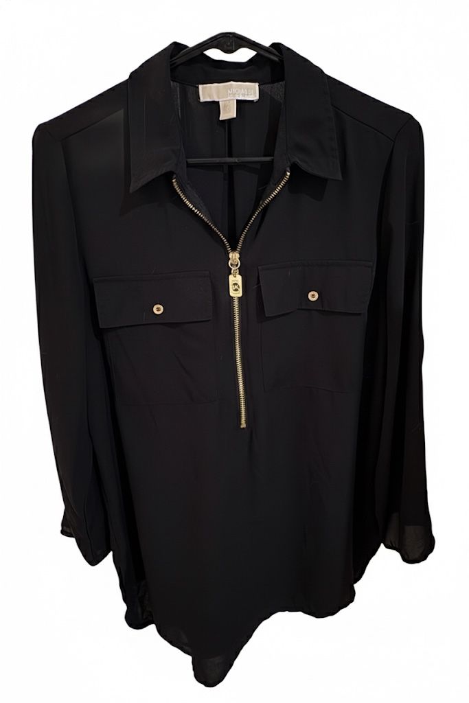 Michael Kors Black Half-Zip Utility Top with Gold Hardware