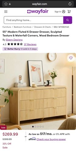 55" 6 drawer dresser, Mayfair, Modern Fluted, Natural, Brand New, Already Assembled