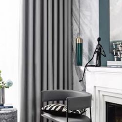 Luxurious Blackout Thick Soft Smoke Gray Floor Curtains, Rod, Tieback Full Set 4 Panels