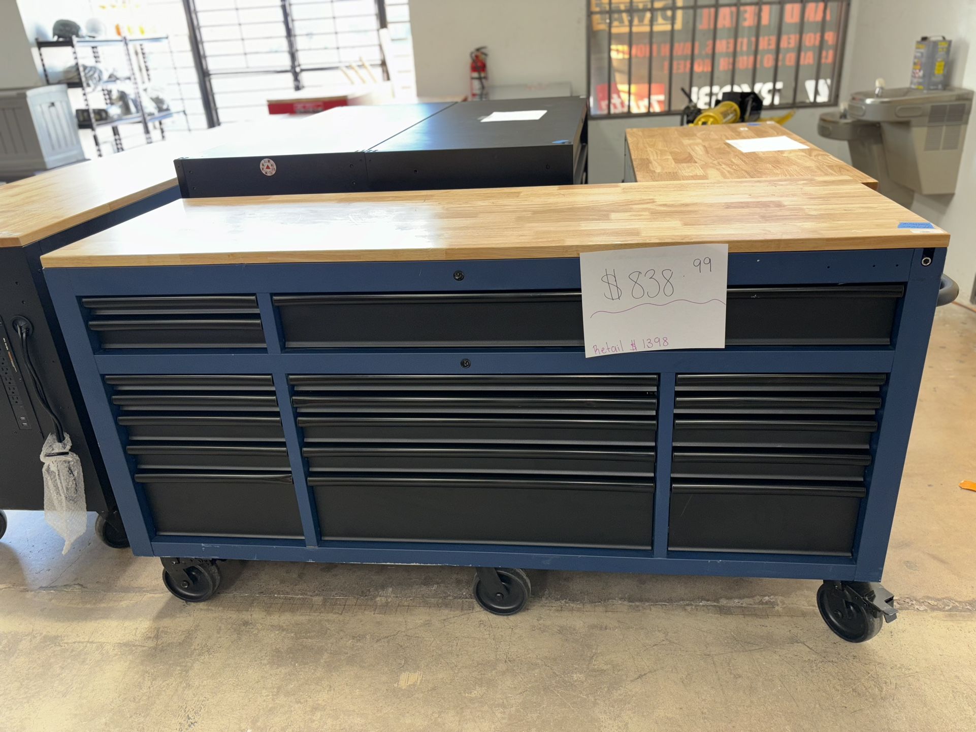 Husky Tool Storage 72 in. W Heavy Duty Matte Blue Mobile Workbench Cabinet Adjustable Height Solid Wood Top