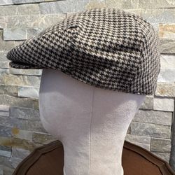 Vintage 70s Med Streetwear Quilted Wool Houndstooth Newsboy Cabbie Hat Flat Cap 