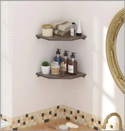  2 Tier Corner Shelf Wall Mounted 12 Inch Wooden Grey 13.3 Inch Deep.
