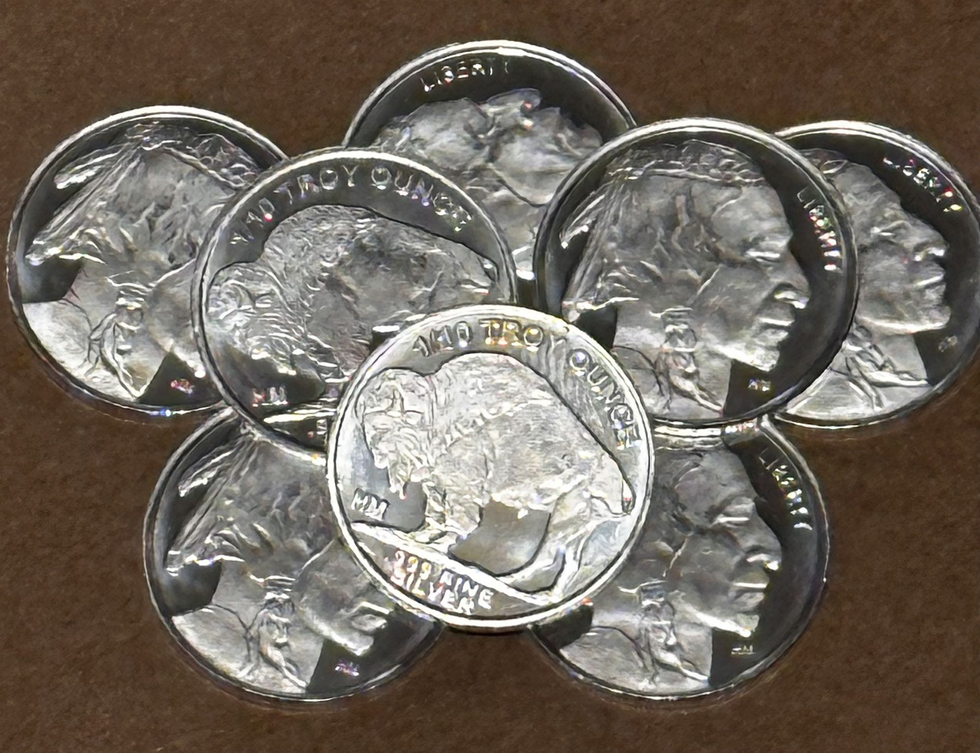 8 Pc. Lot Of 1/10 Troy Ounce .999 Silver Indian Head/Buffalo Rounds