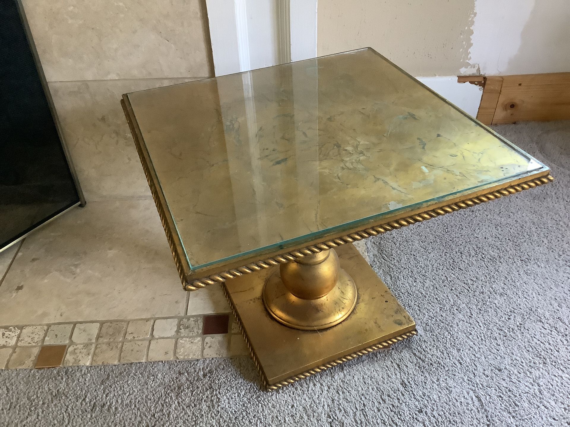 MId Century Giltwood Pedestal Side Table with Rope Twist Gallery Glass Top Pick Up In Sylmar