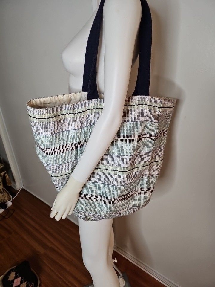 Aerie Cotton Tote Bag Striped Blue Size Large Beach Bag Made In India
