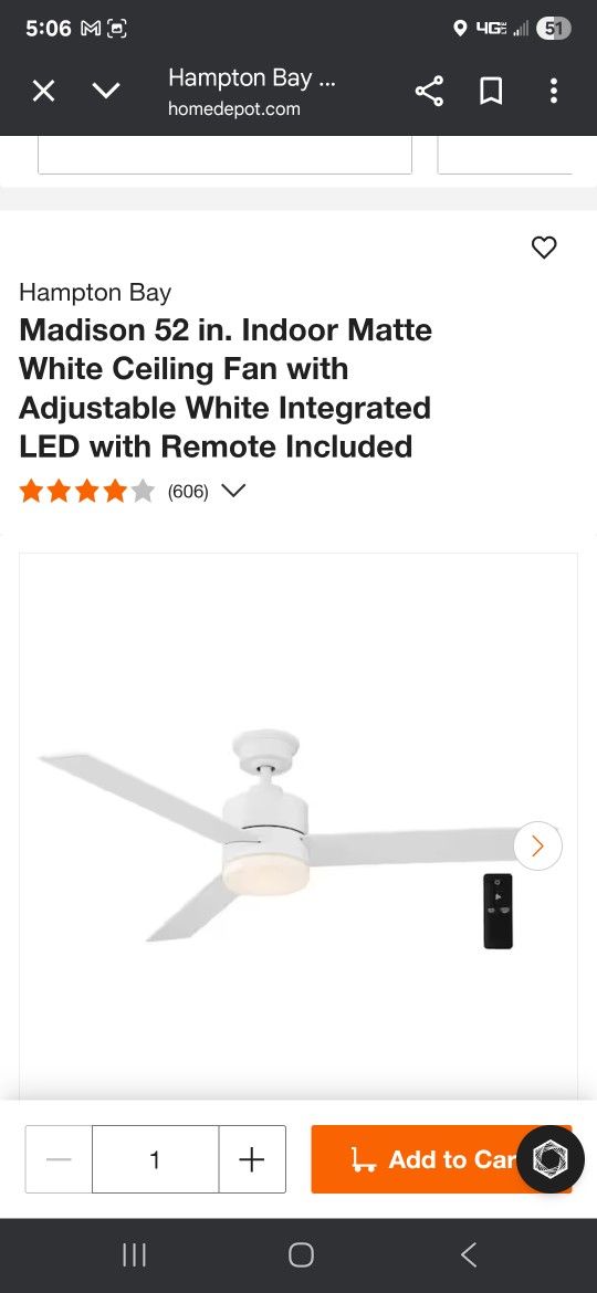 Hampton Bay
Madison 52 in. Indoor Matte White Ceiling Fan with Adjustable White Integrated LED with Remote Included
