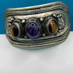 Wide Silver Tone Multi Stone Bracelet Napelese Jewelry Tigers Eye Amethyst Cuff Men’s Adjustable Size 7 3/4 Alloy Of Copper Silver Tin Good Condition 