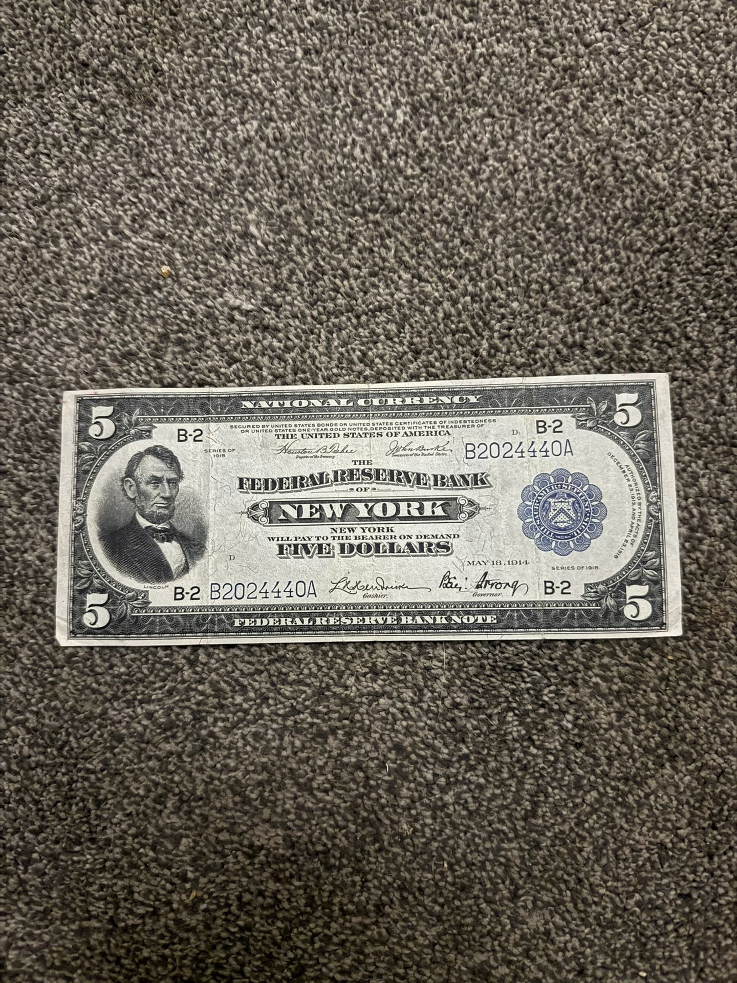 1918 Blue Seal Large Note 5 Dollar Federal Bill
