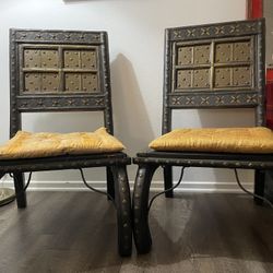 Brass Inlay Ethnic Wooden Chairs X2 