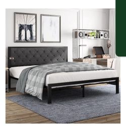 Amolife King Size Metal Bed Frame with Upholstered Headboard, Dark Grey