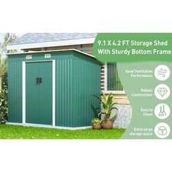9.1 ft.W x 4.3 ft.D Outdoor Metal Storage Shed Garden Tool Storage Building Galvanized Steel, Green (39.13 sq. ft.)