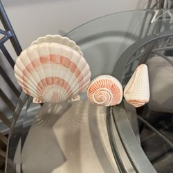 Seashell napkin holder with matching salt and pepper shaker and salmon color salt and pepper shaker 