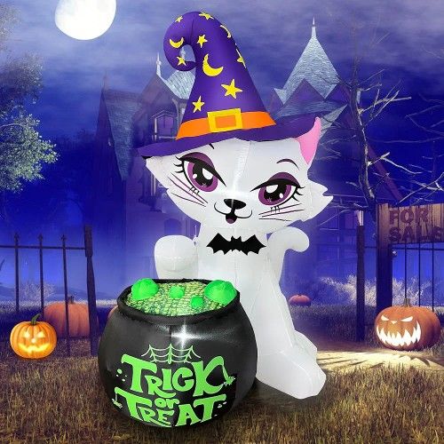 5Ft Halloween Inflatables Cat with Witch Cauldron Decoration, Blow Up Yard Decor Halloween Yard Inflatables Build-in LED Lights fo Lawn Party Garden O
