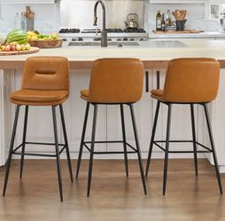 Set of 3，Seat Height with Back and Metal Legs, 360° Swivel Upholstered Faux Leather Swivel Bar Stools