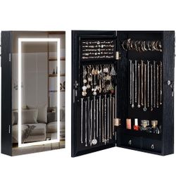 LAVIEVERT Jewelry Armoire with LED Lighted Mirror, Wall/Door Mounted Frameless Mirror with 3 Color Lights