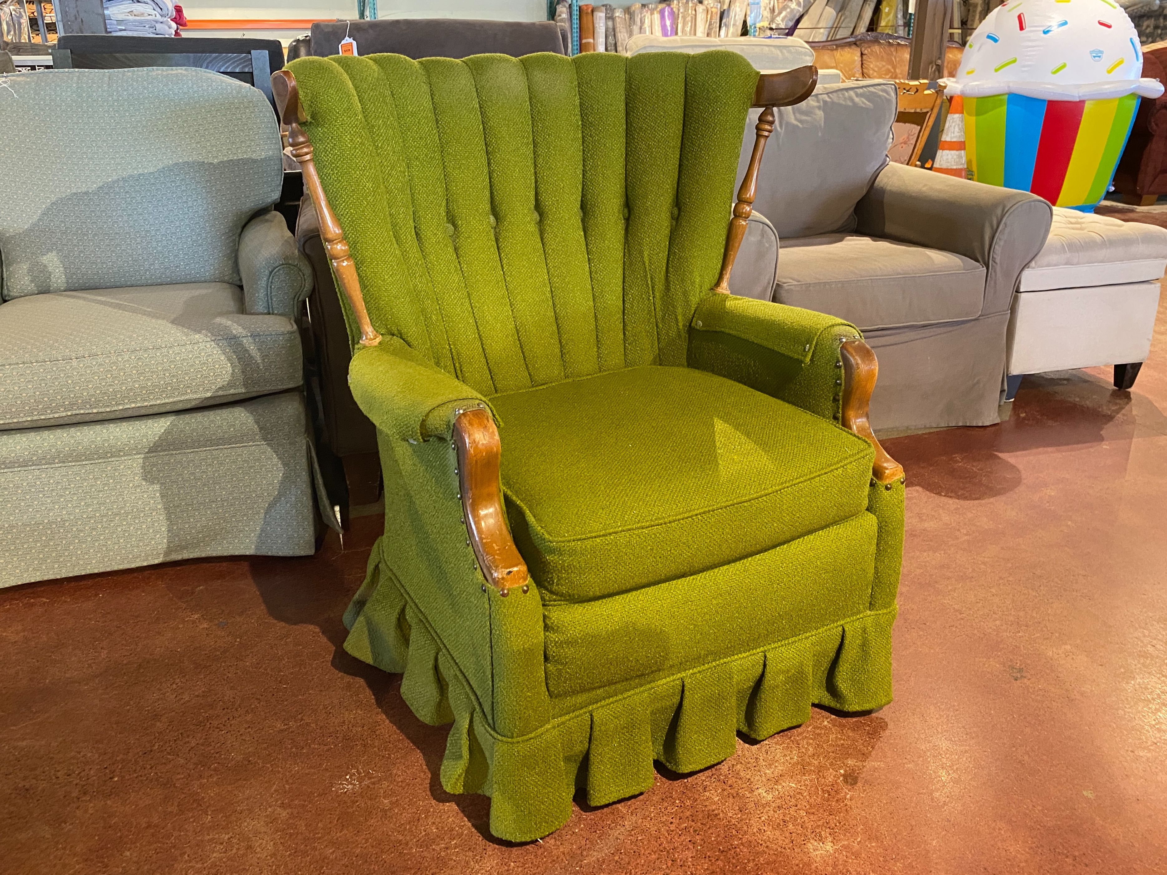 Vintage Bright Moss-Green Skirted Wood Frame Armchair
