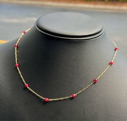 Jewelry 14k solid Yellow Gold PaperClip 🖇️ link 16.00” Chain necklace Pink Beads 1.70 grams 3.50mm