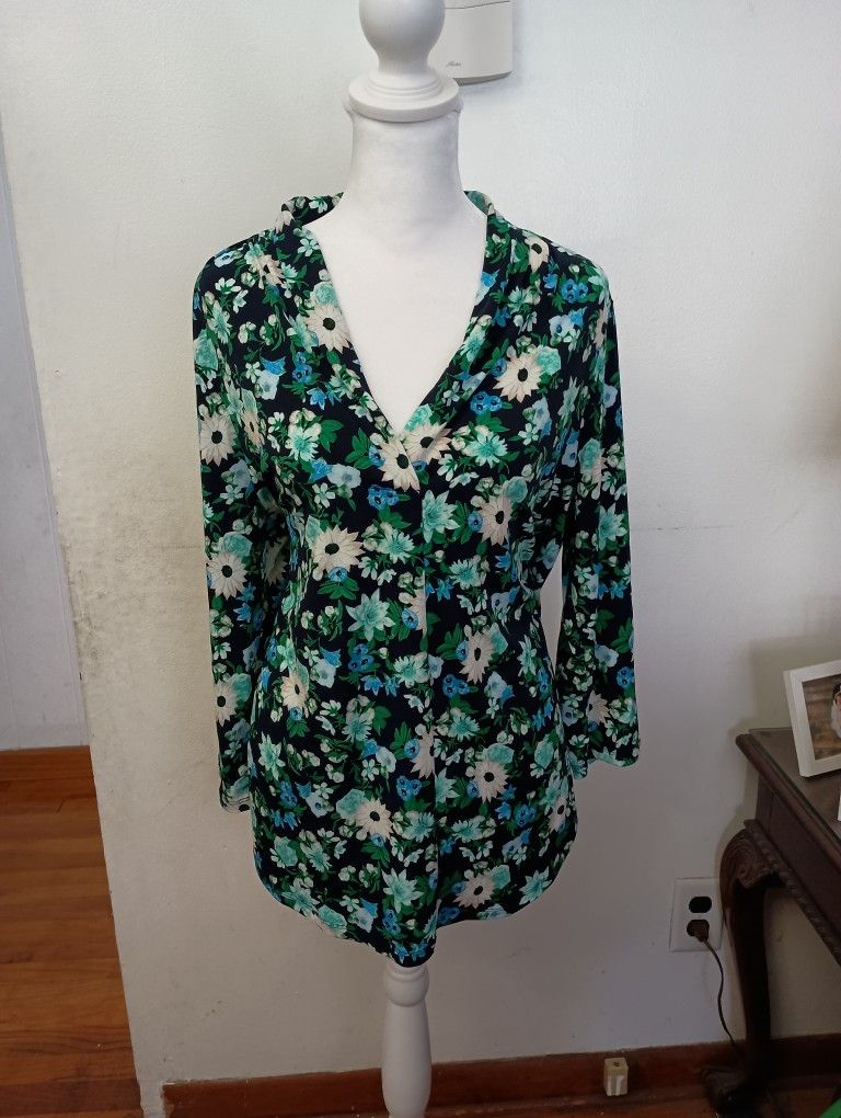 Women's Charter Club Green Blue Black White Floral Flower Top PXL